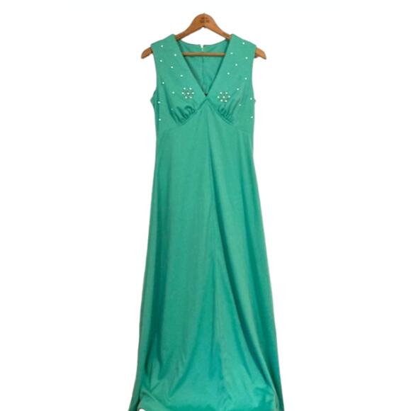 Vintage MINT Green Embellished Dress - 1960s Sleeveless Sea Green Formal Gown - Picture 5 of 8